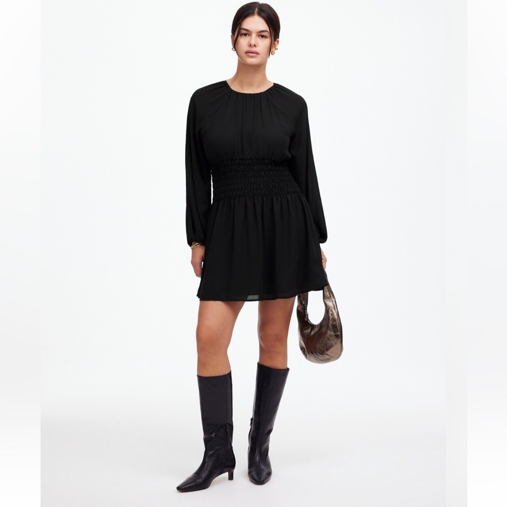 Madewell Bubble Sleeve Smocked Mini Dress Size S Black Chiffon Minimalist NEW